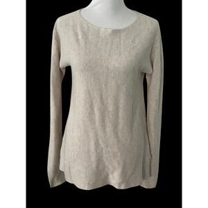 Garnet Hill Cashmere Horizontal-Rib Side-Slit Sweater •M• Beige Oatmeal